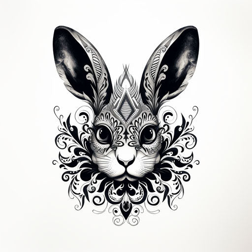 Black and white drawing of a black rabbit on a white background, captivating, symmetrical designs