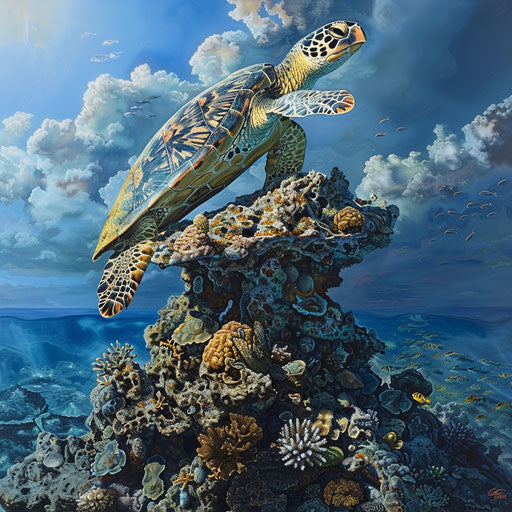 A hawksbill sea turtle perched on a large, ancient coral formation, surveying the bustling life of the reef below.