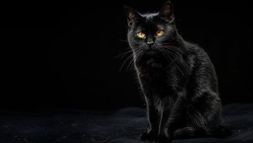Elderly black cat with yellow eyes on black background, gothic style, bold colorism