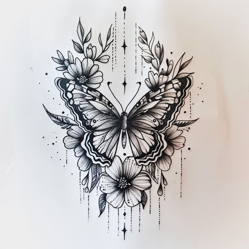 Butterfly with tribal flowers, tattoo design, white background