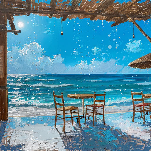 Beach bar with gentle waves under clear blue sky