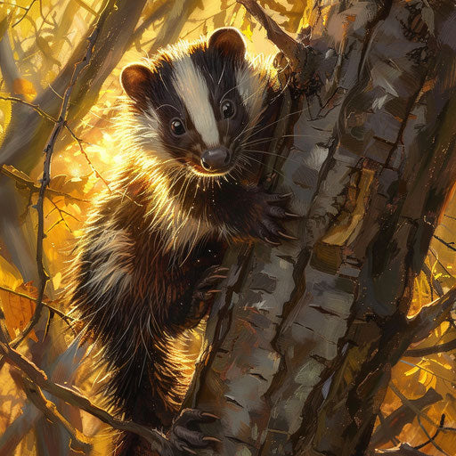 Eastern spotted skunk climbing tree in golden sunset light