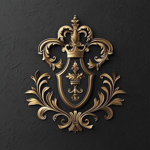 Luxury logo with elaborate crest and gold foil background