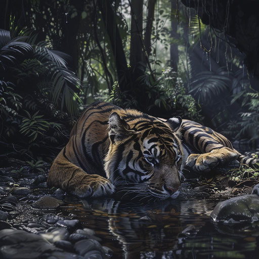 Sumatran tiger reflecting by a forest stream