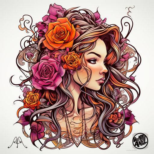 Woman with roses in hair, Indian tattoo design