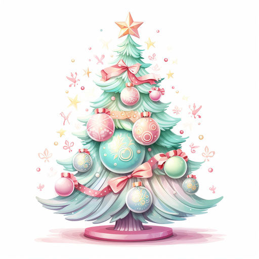 Illustration of a Christmas tree in the style of Pastel Colors Art, on white background