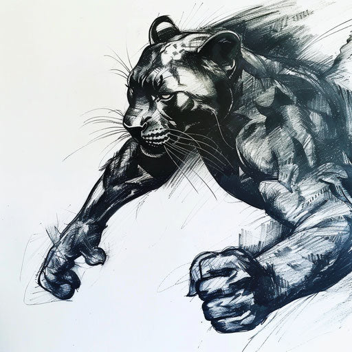 Dynamic black panther in mid-leap, bold tattoo sketch