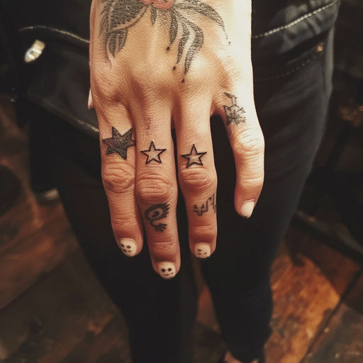 Finger tattoos for women in the style of Ami James featuring minimalist stars