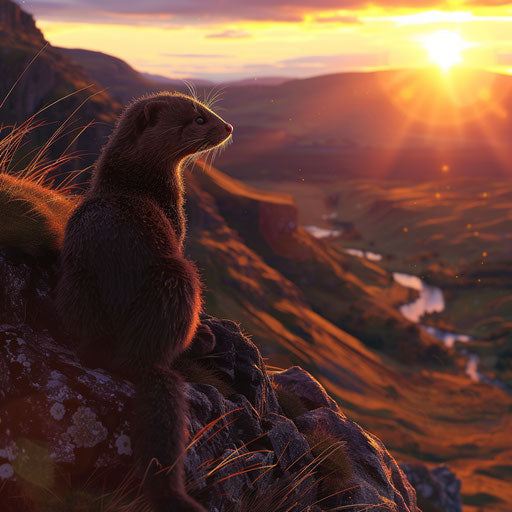 A wild mink basking in the last rays of the setting sun on a rocky outcrop overlooking a valley.