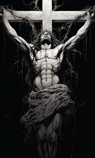 Jesus on the cross in playful line drawing style