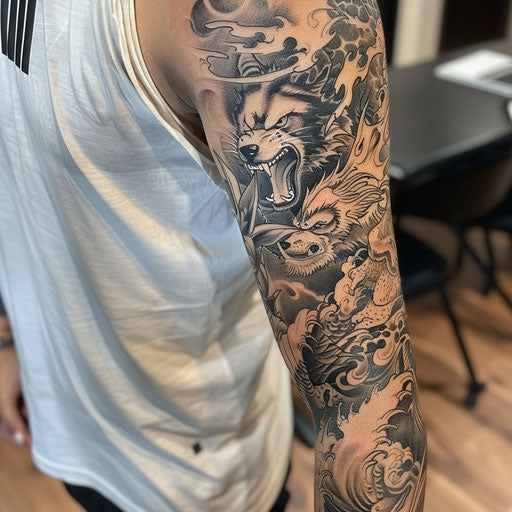 Sleeve tattoo depicting fierce animals and warriors