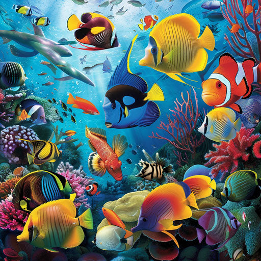 Curious shark swims with colorful fish