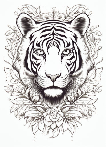 Tiger in leafy tattoo style, white background