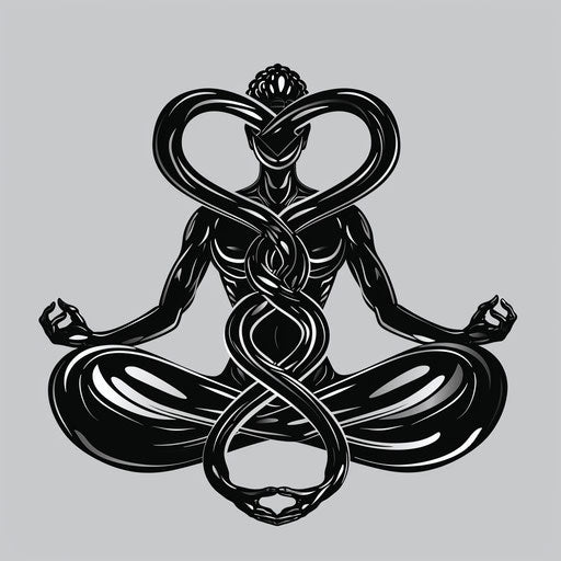 Symbolic tattoo sketch of a yogi with looping infinity symbol in black and silver
