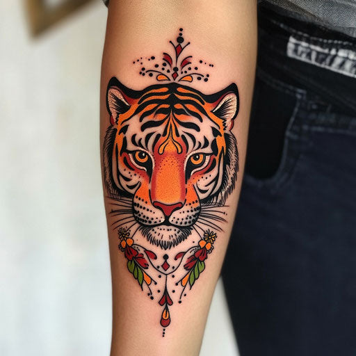 Inner forearm tattoo with fierce tiger face and traditional patterns