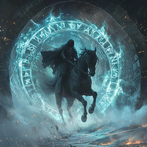 Headless horseman on spectral horse riding through portal