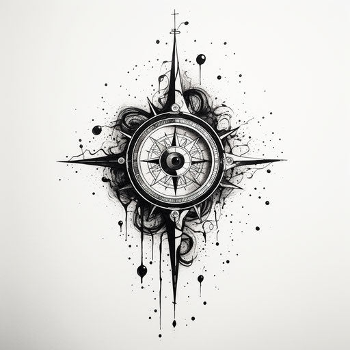 Black and white compass tattoo with eye and dot