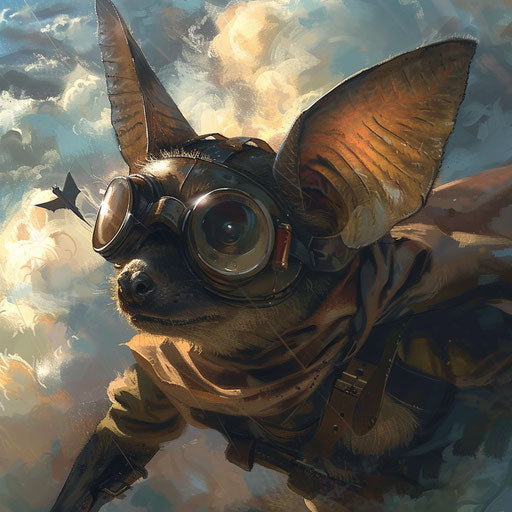 Bat as vintage airplane pilot in the clouds