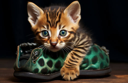 Bengal kitten on a shoe, distinct features, primitivist frenzy, dark gold and emerald 17:11