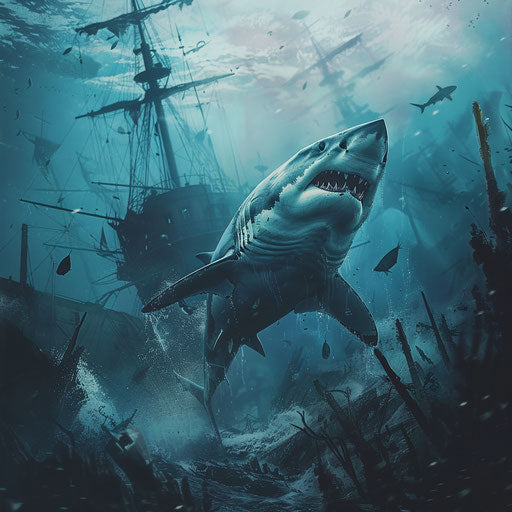 Great white shark swimming by a shipwreck