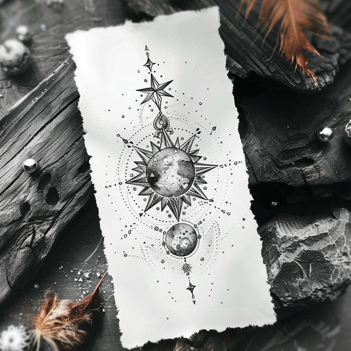 Mystical tattoo of the North Star with moon phases and silver accents