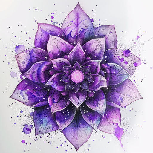 Spiritual Crown Chakra tattoo design, violet mandala with glowing aura on white background