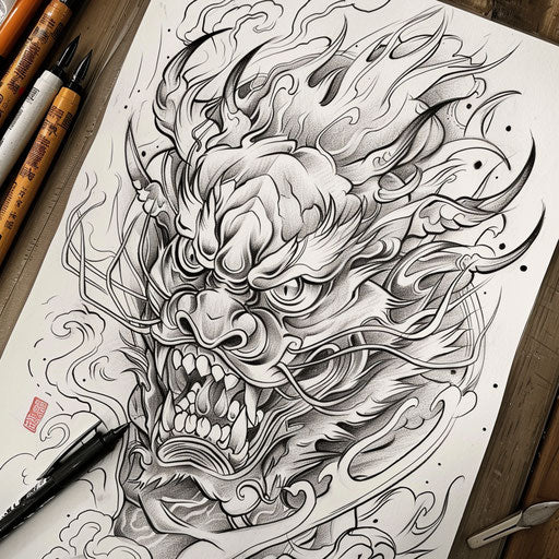 Dynamic sketch of a Japanese demon with flames and explosions