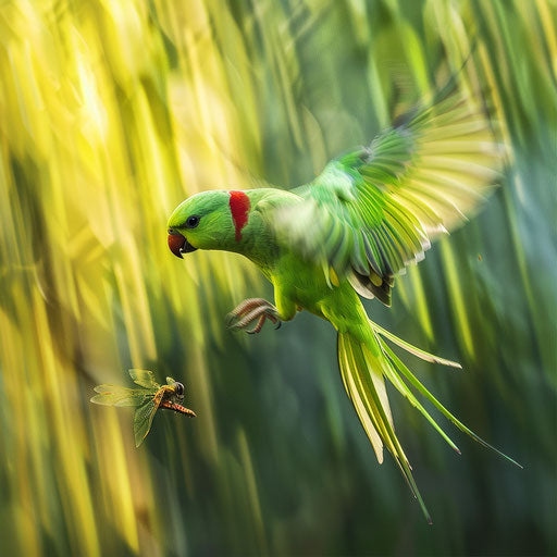 High-speed chase between a parrot and a dragonfly