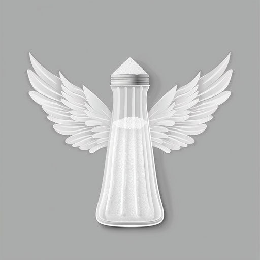 Salt shaker illustration in a photo realistic style with a flat random background, monochrome palette and detailed wings