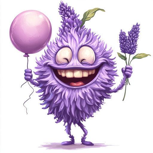 Humorous caricature of a lavender caricature clipart with human characteristics, exaggerated smiling mouth, long arms, holding a balloon, vibrant colors, cartoon style, winking, high-resolution, no background, isolated