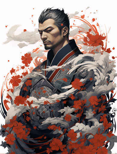 Anime drawing of zatoichi, tristan eaton style, birds & flowers