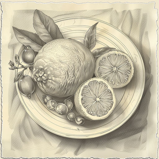 Tranquil flat tattoo sketch of a lemon in a calm still life with other fruits