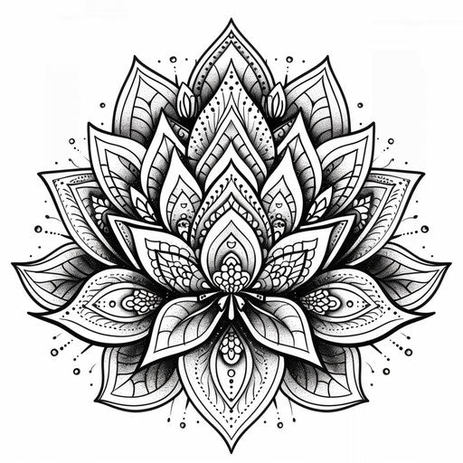 Ethnic style small lotus mandala tattoo design, intricate patterns on white