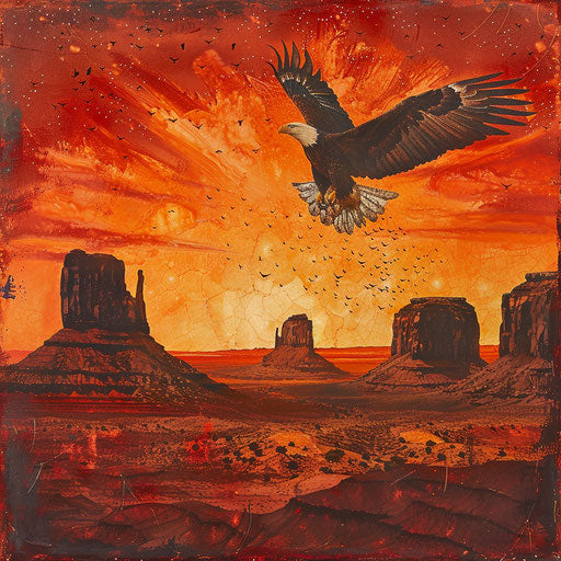 American eagle soaring over fiery Monument Valley