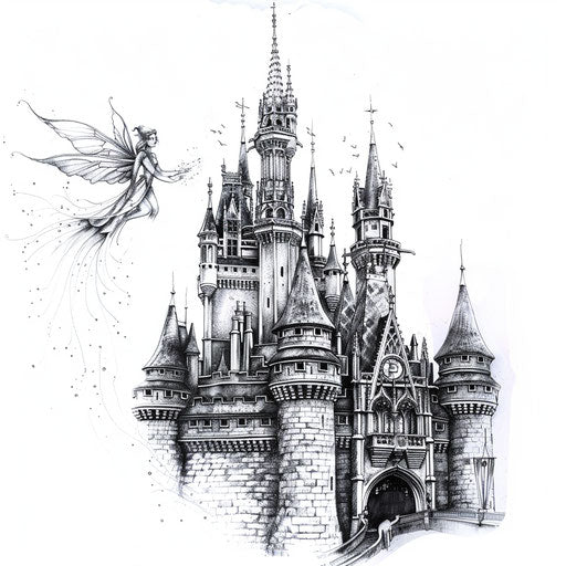 Fairy tale castle and fairy tattoo design