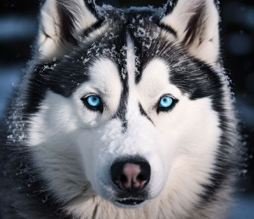 Portrait of man with huskie dog with big blue eyes