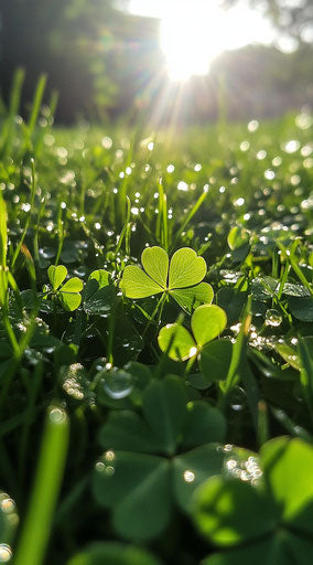 Four-leaf clover illuminated by sunlight in the grass