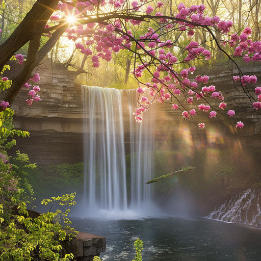 Minnehaha Falls, Minnesota, spring blooms, William Patino style