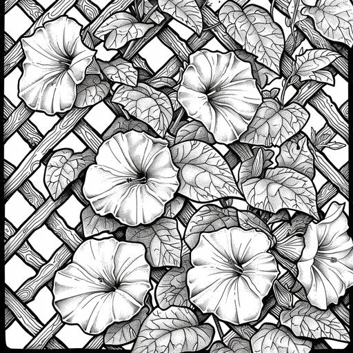 Detailed vine of morning glories climbing up a trellis