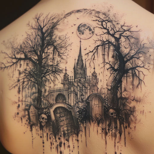 Eerie gothic cemetery scene with full moon