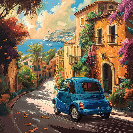 Skyway classic microcar in a lively Mediterranean village
