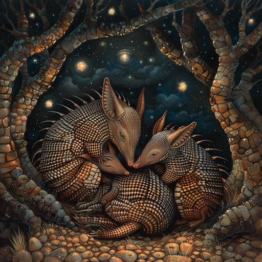 Family of armadillos snuggled in a burrow under a starlit sky