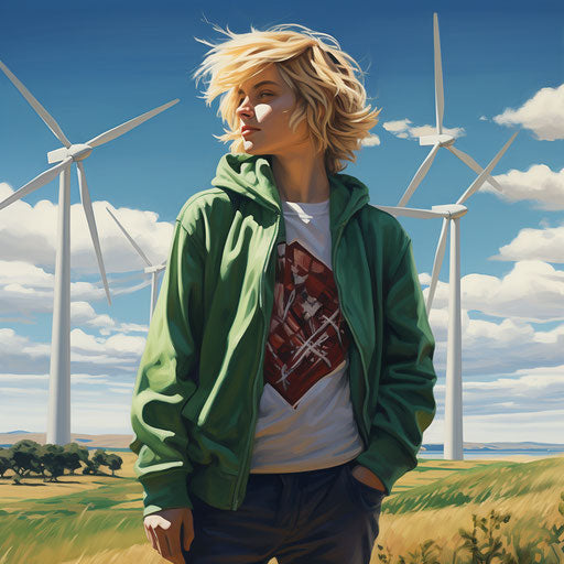 Gen Z in eco-friendly fashion in lush green landscape