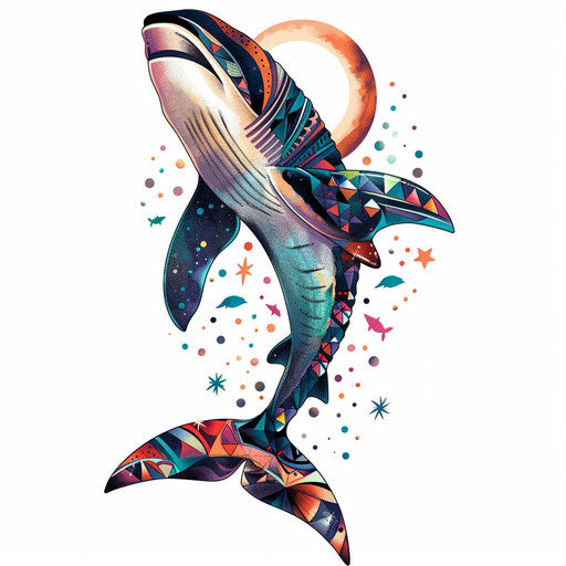 Stylized whale shark with bold geometric shapes and vibrant colors