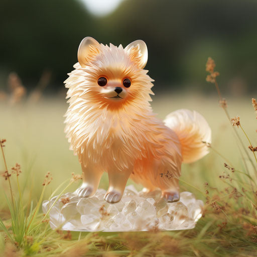Small dog standing in grass, light orange and maroon style