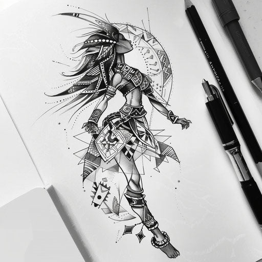 Vibrant flat tattoo sketch of a neo tribal dance scene with rhythmic patterns