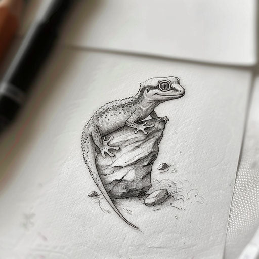Soft and subtle flat tattoo sketch of a gecko peacefully resting on a smooth rock