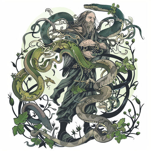 Tattoo illustration of Saint Patrick driving snakes out of Ireland with Celtic art on white backdrop