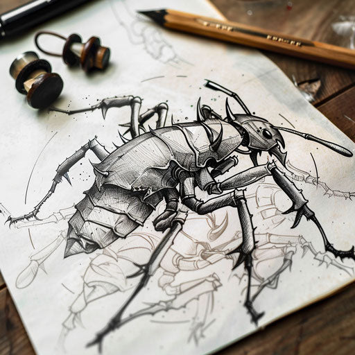 Flat tattoo sketch of an ant in a battle pose with warrior armor