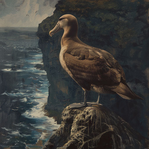 Black-footed albatross on cliff overlooking the sea